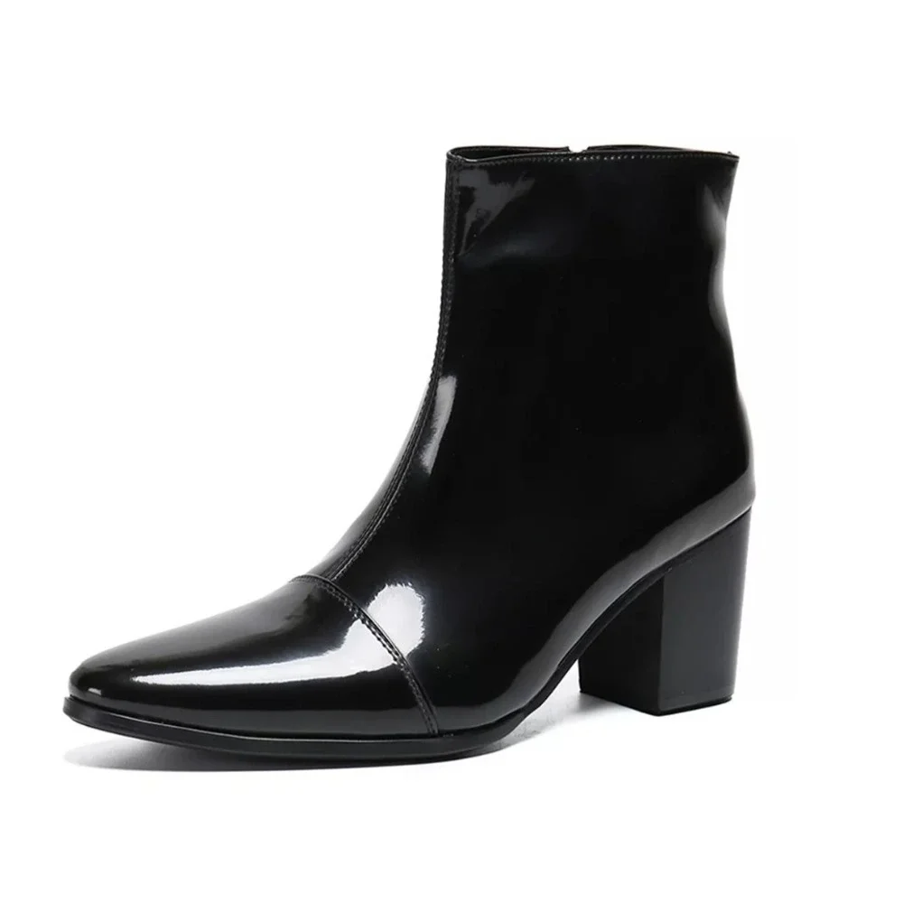 Santimon Mens Black US 9.5 Casual Patent Leather Chelsea Dress Boots Zipper on